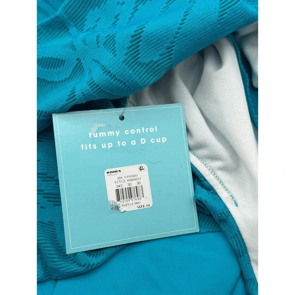 Bal Harbour Swim One‎ Piece Women 14 Teal Blue Ruffle Tropical Palm Leaf NEW